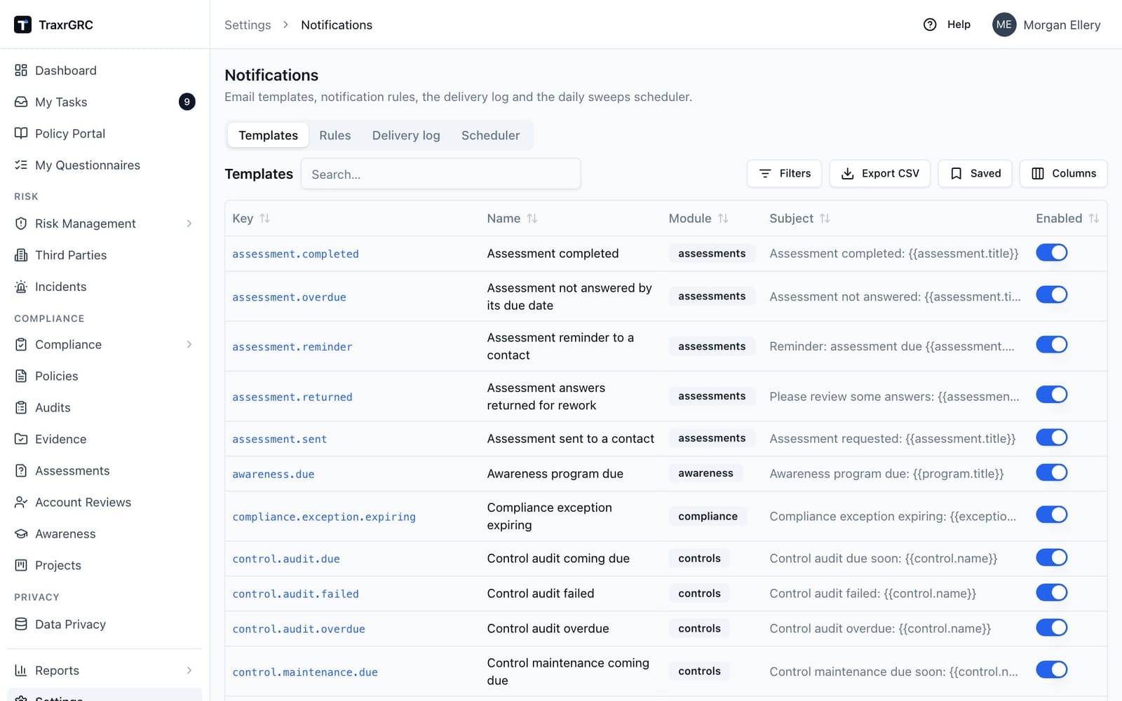 The Templates tab listing the email templates with their keys, modules, subjects and Enabled switches.