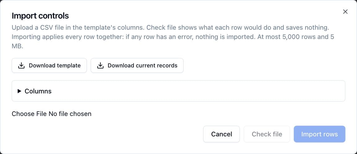 The Import controls dialog with the Download template and Download current records buttons.