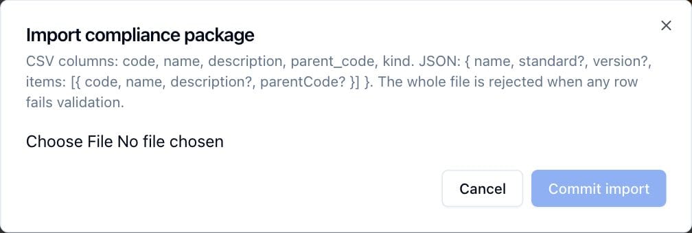 The Import compliance package dialog, before a file is chosen.