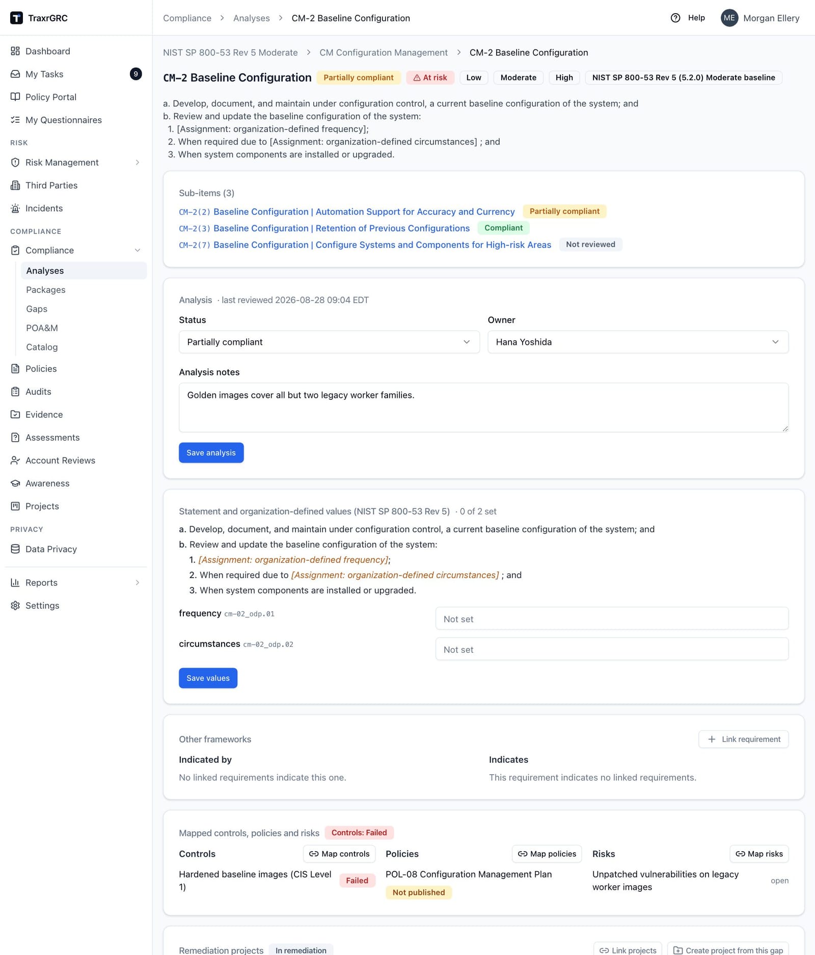 A partially compliant requirement at risk: the Analysis card, the mapped controls, policies and risks, and an overdue remediation project.