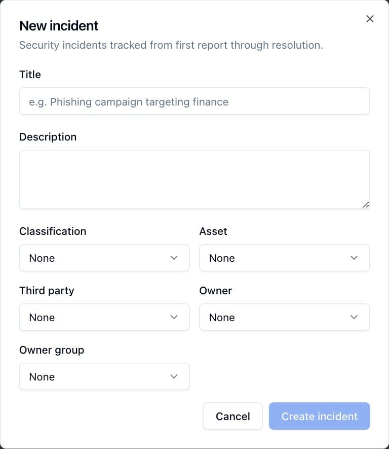 The New incident dialog with its title, description, classification, asset, third party, owner and owner group fields.