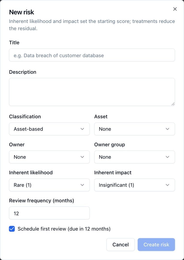 The New risk dialog with classification, owner, inherent likelihood and impact, and review frequency.