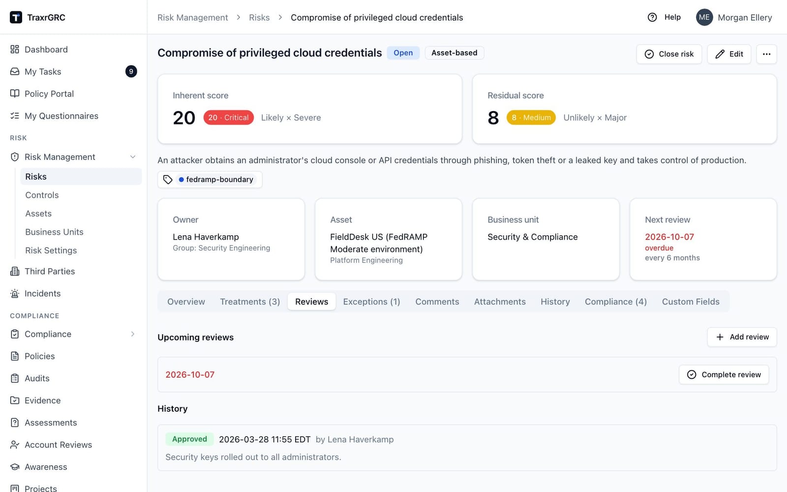 The Reviews tab of a risk with an overdue scheduled review and the history of completed reviews.