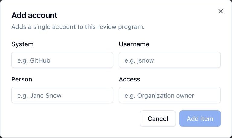 The Add account dialog with the System, Username, Person and Access fields.
