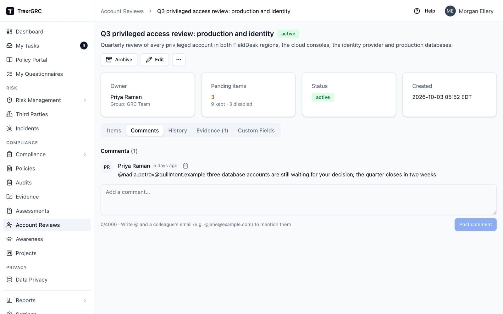 The Comments tab of the Q3 privileged access review, with a reminder that three database accounts still await a decision.