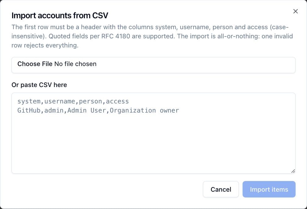 The Import accounts from CSV dialog, with a file picker and the paste box showing the expected header row.