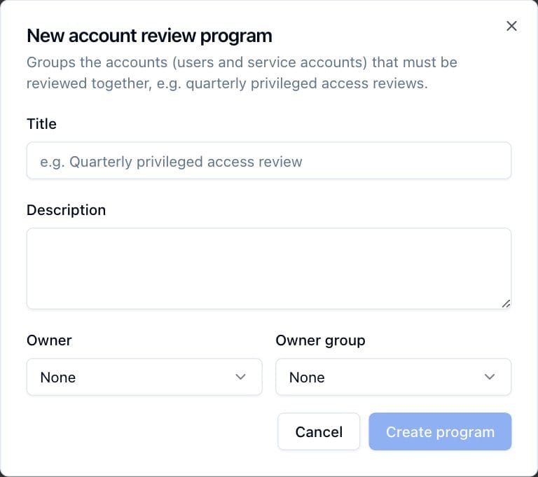 The New account review program dialog with its Title, Description, Owner and Owner group fields.