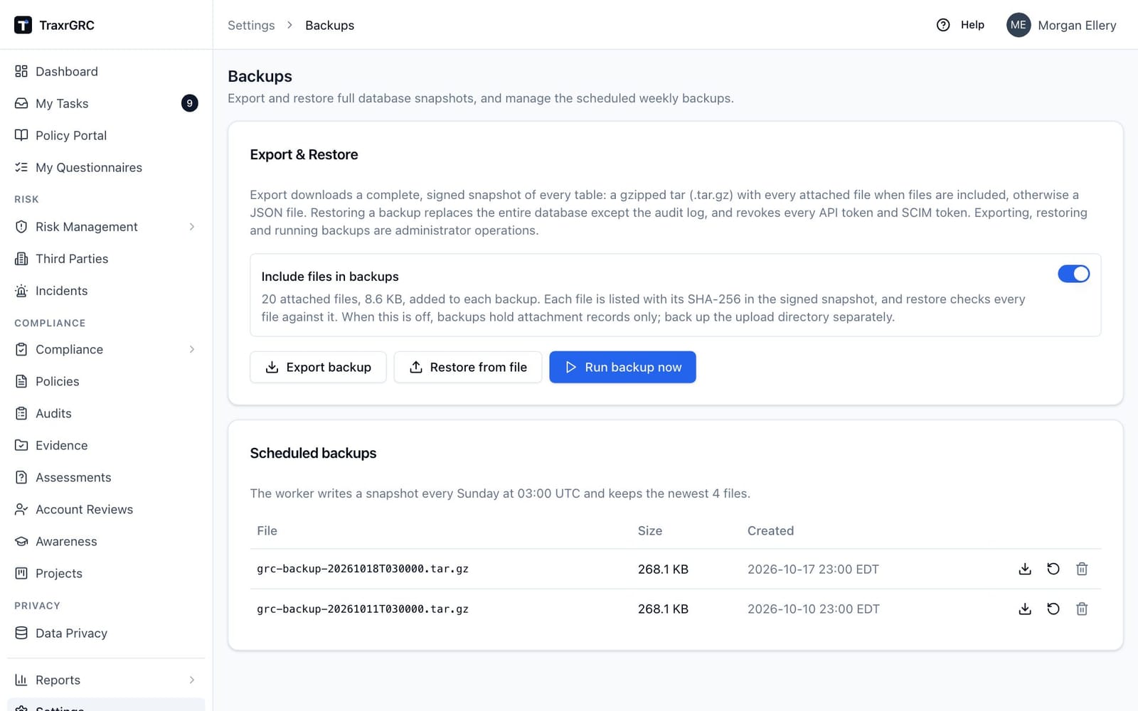 The Backups screen with the Export & Restore card, the Include files in backups switch and two scheduled backups, each with Download, Restore and Delete buttons.