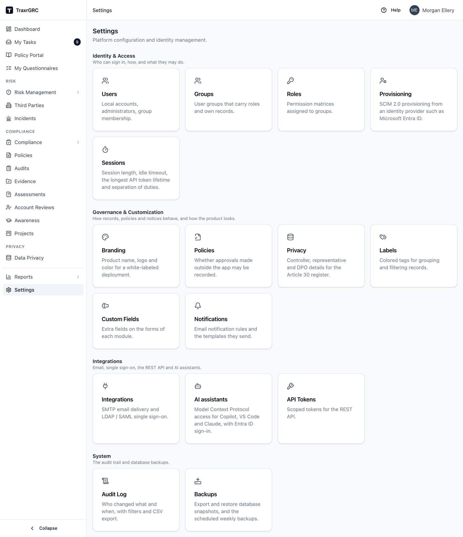 The Settings page with its cards grouped under Identity & Access, Governance & Customization, Integrations and System.