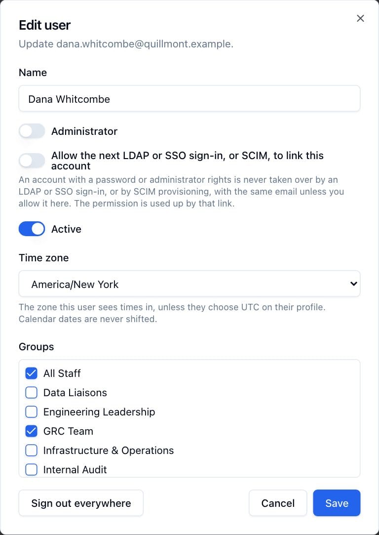 The Edit user dialog with the Administrator, Active and Time zone settings and the group list.