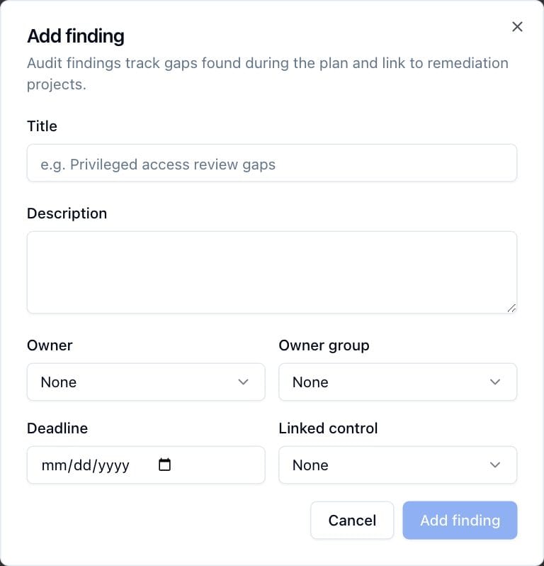 The Add finding dialog with title, description, owner, owner group, deadline and linked control.
