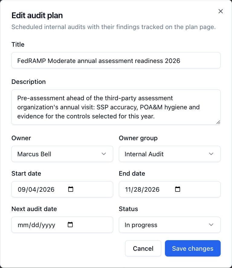 The Edit audit plan dialog, with the Status field that moves the plan forward.