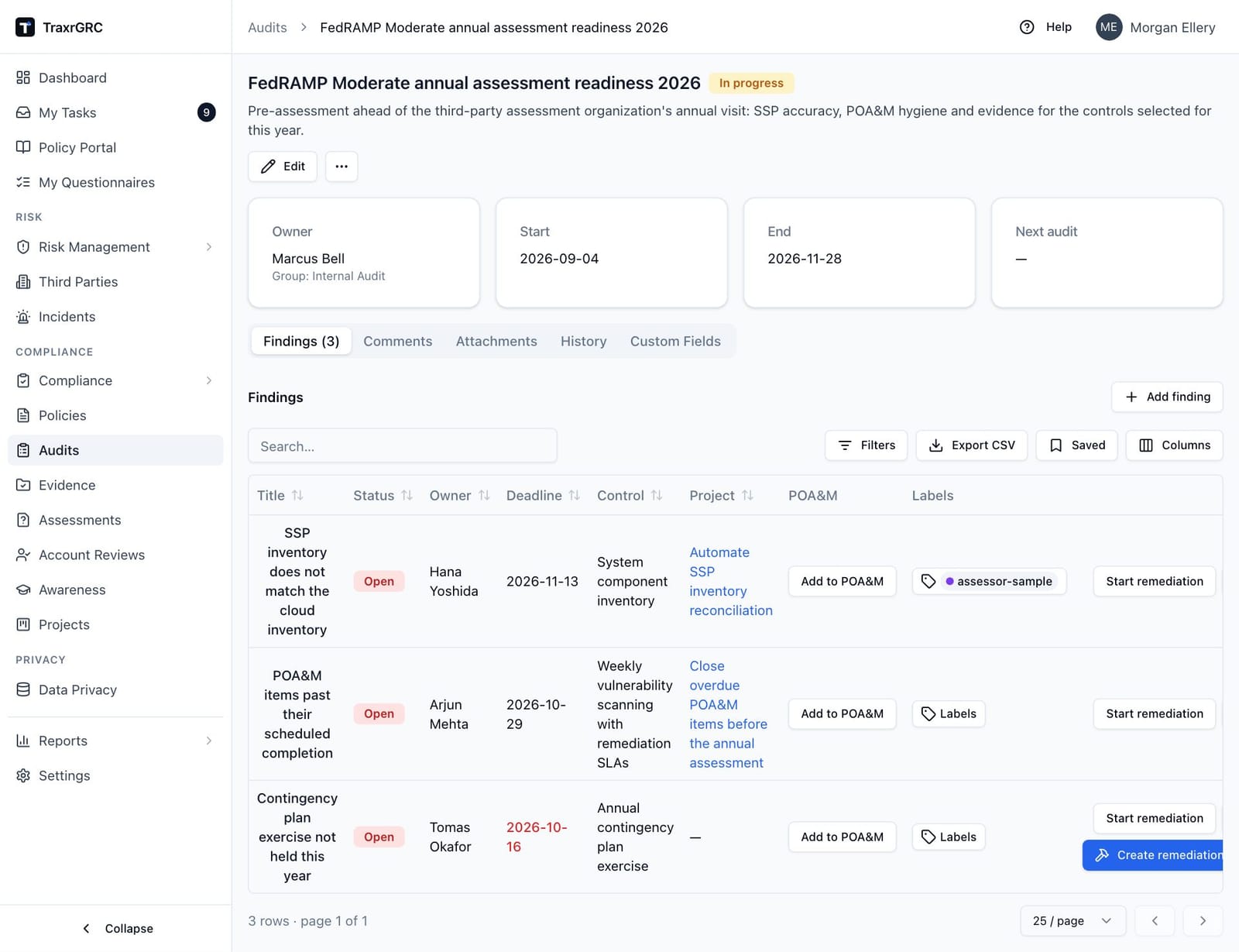An in-progress audit plan: the status badge, the Owner, Start, End and Next audit cards, and the Findings tab listing each finding with its status, deadline, control, project and action buttons.