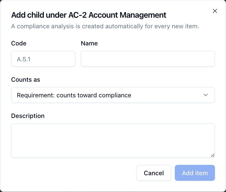 The Add child dialog with the code, name, Counts as and description fields.