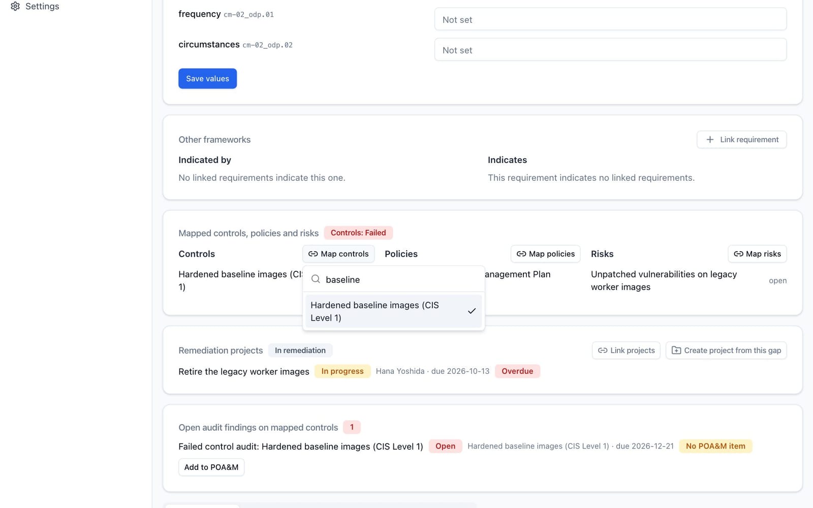 The Map controls checklist open on a requirement: a searchable list of every control, where ticking or unticking one saves immediately.