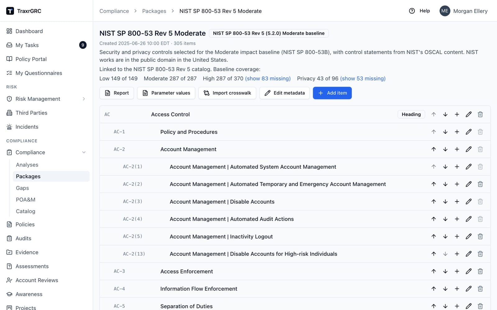The NIST SP 800-53 package page with its item tree: family headings and the controls and enhancements beneath them.