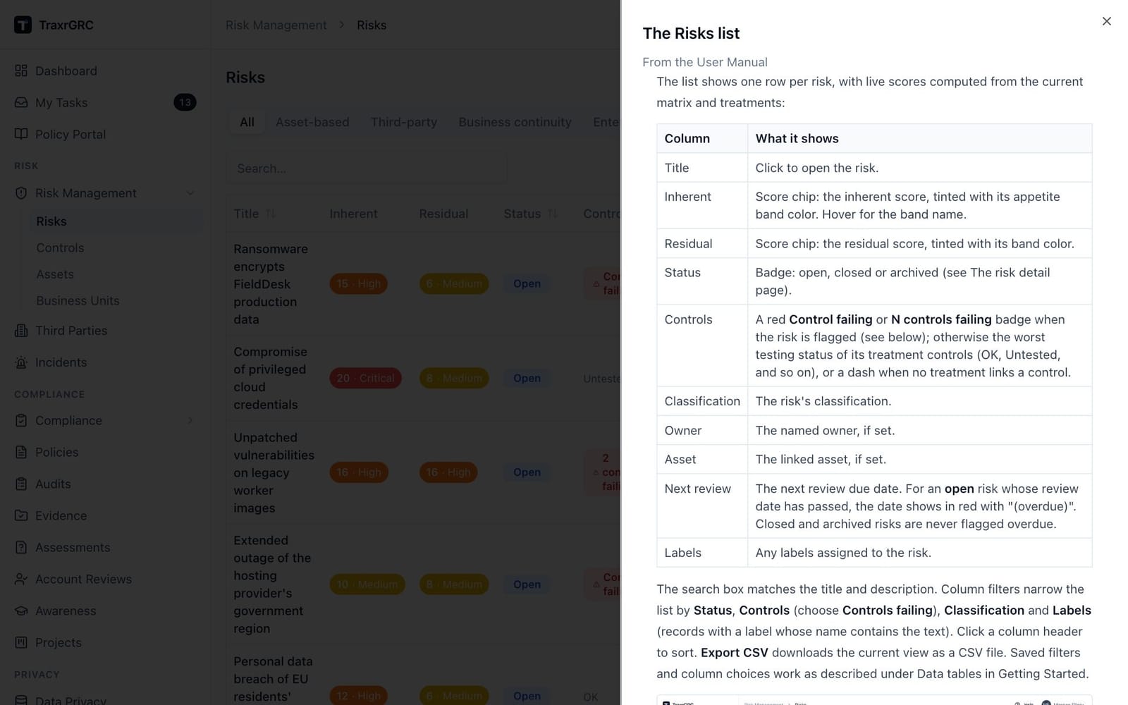 The Help panel open beside the Risks list, showing that page's section of this manual and Open in the full User Manual at the bottom.