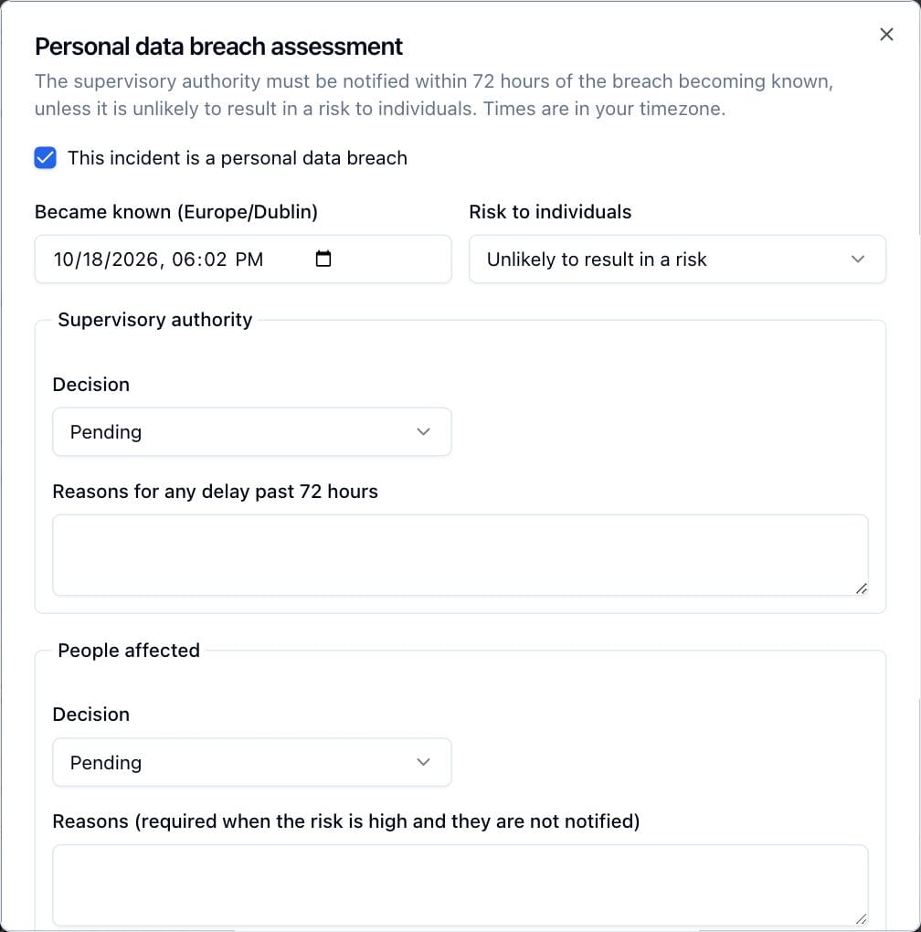 The Personal data breach assessment dialog, with the became-known time, risk to individuals, and the supervisory authority and people affected decisions.