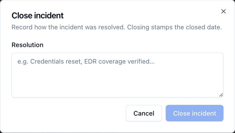 The Close incident dialog, asking for the resolution before the incident can be closed.