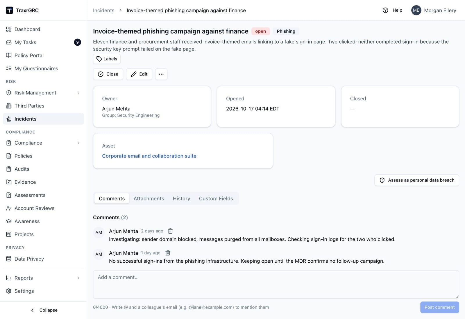 An open incident's detail page: status and classification badges, the Close, Edit and Delete buttons, the Owner, Opened and Closed cards, the linked asset, and the Assess as personal data breach button.