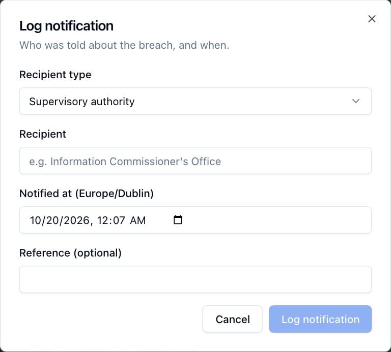 The Log notification dialog, recording the recipient type, recipient, time and reference of a notification.