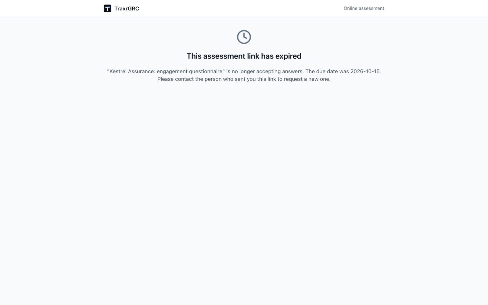 The public page for the Kestrel Assurance questionnaire after its due date, showing that the link has expired.