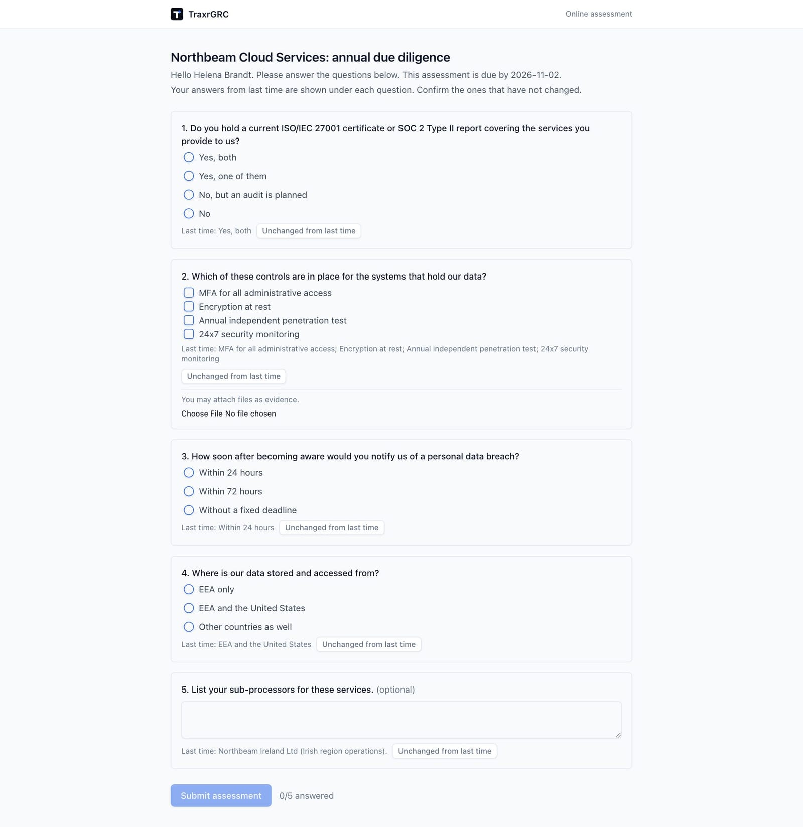 The public assessment page for the Northbeam Cloud Services repeat, greeting the contact and offering last time's answers to confirm.
