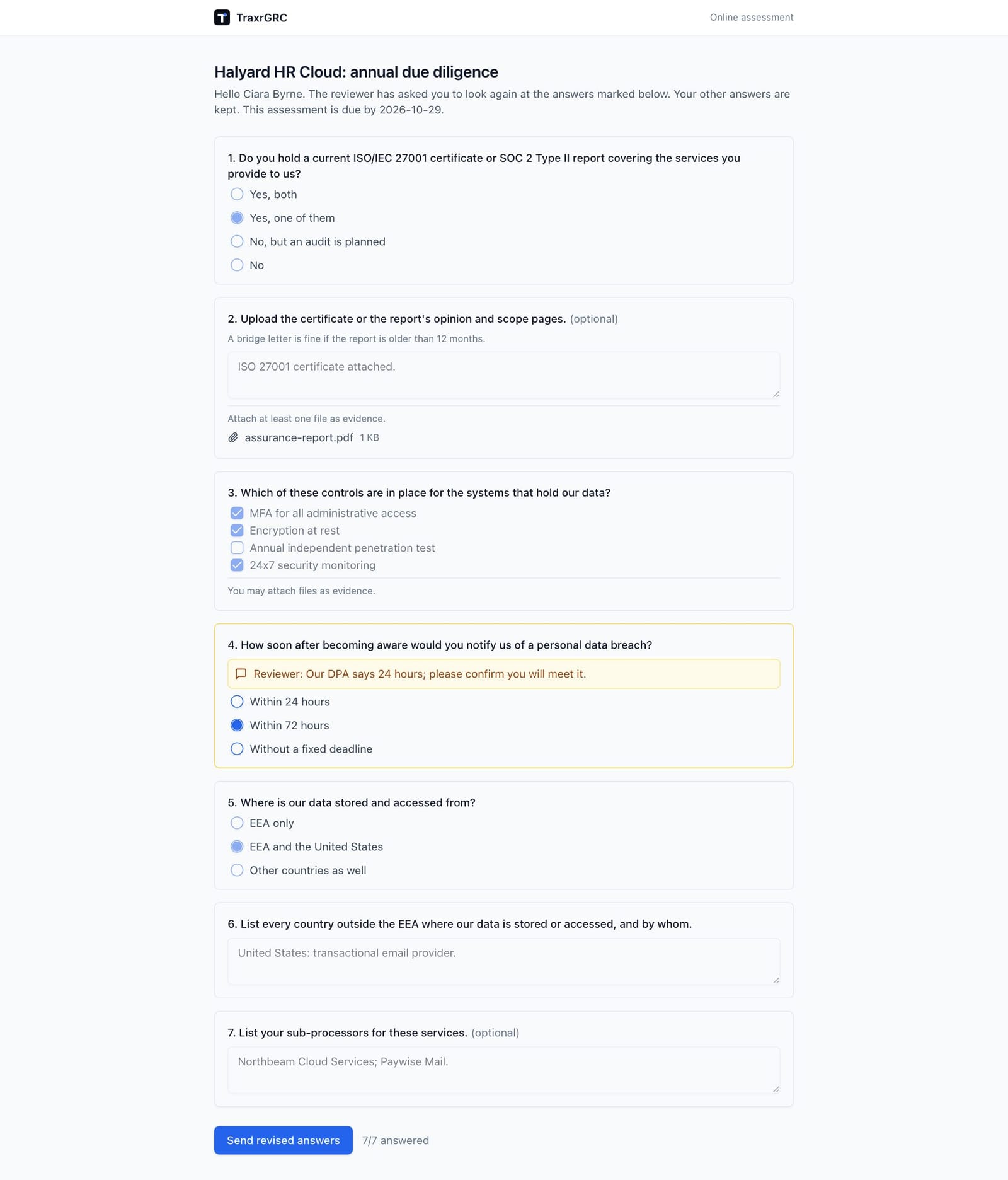 The public page for the returned Halyard HR Cloud assessment, with the reviewer's comment on the flagged breach notification answer.