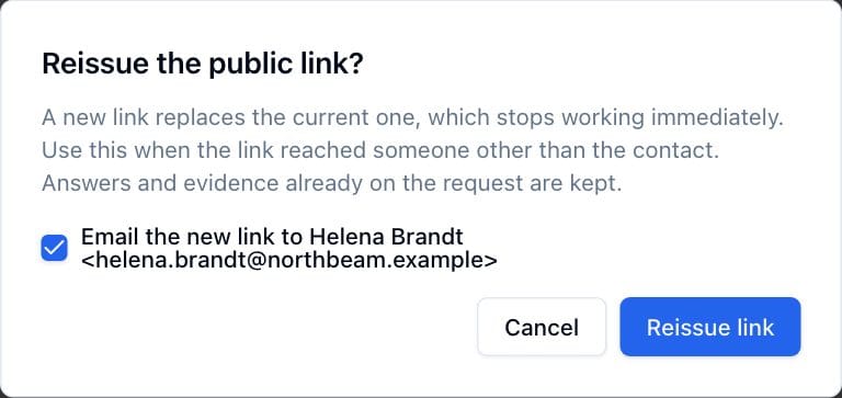 The Reissue the public link dialog, with the option to email the new link to the contact.