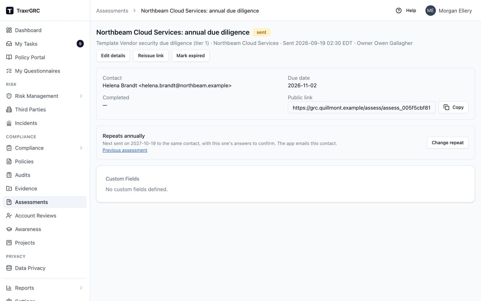 The current year's Northbeam Cloud Services due diligence request, sent and awaiting answers, with its public link and repeat panel.