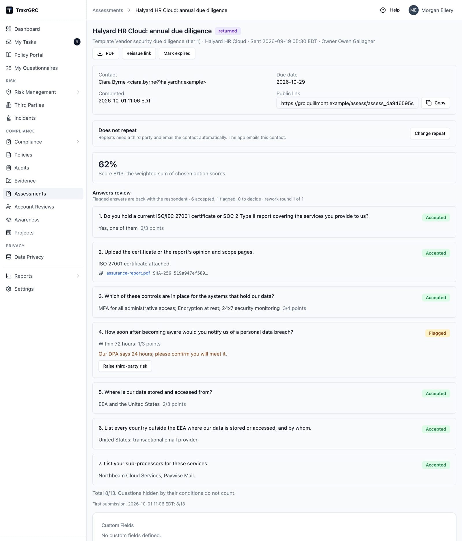 The Halyard HR Cloud due diligence request returned for rework, with the reviewer's comment on the breach notification answer and the review status showing the answers are back with the respondent.