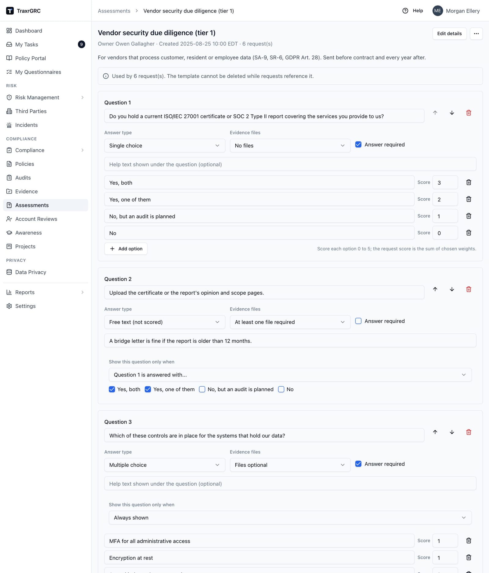 The Vendor security due diligence (tier 1) template, showing scored single and multiple choice questions, an evidence question and a follow-up question with its condition.