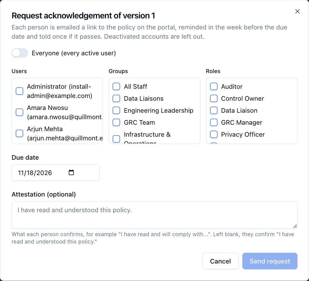 The Request acknowledgement dialog, with the audience choices, the due date and the attestation.