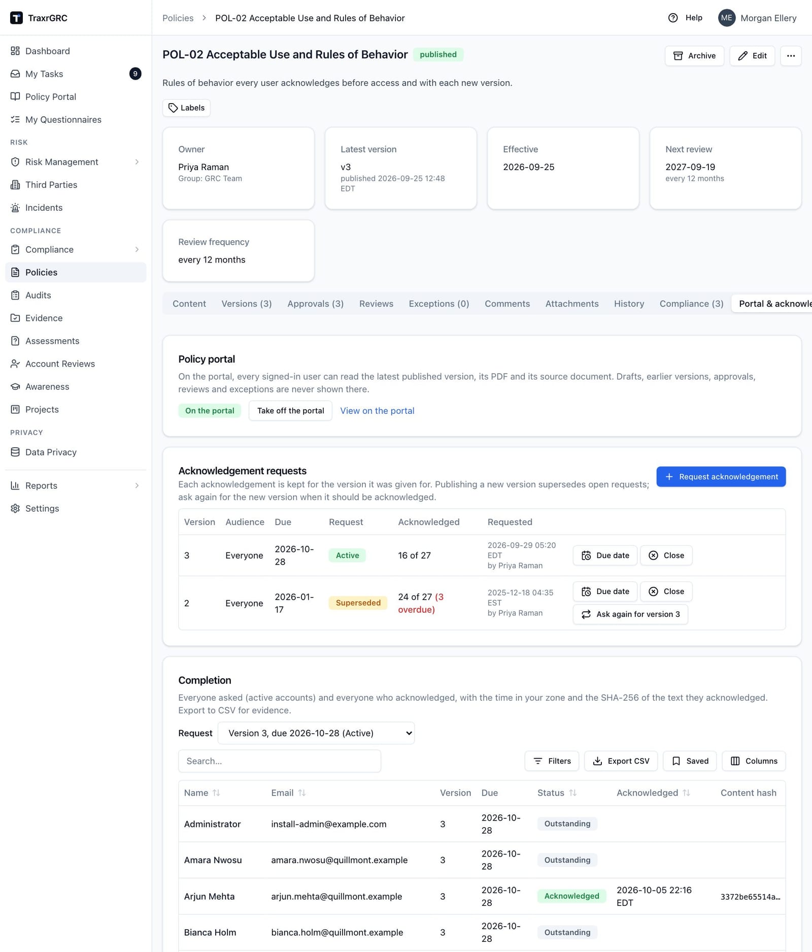 The Portal & acknowledgements tab: the policy on the portal, an active request and a superseded one with Ask again, and the completion table.