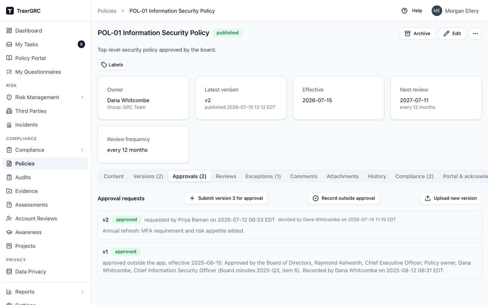 The Approvals tab of a policy whose first version was approved by the board outside the app and whose second version was approved in the app.