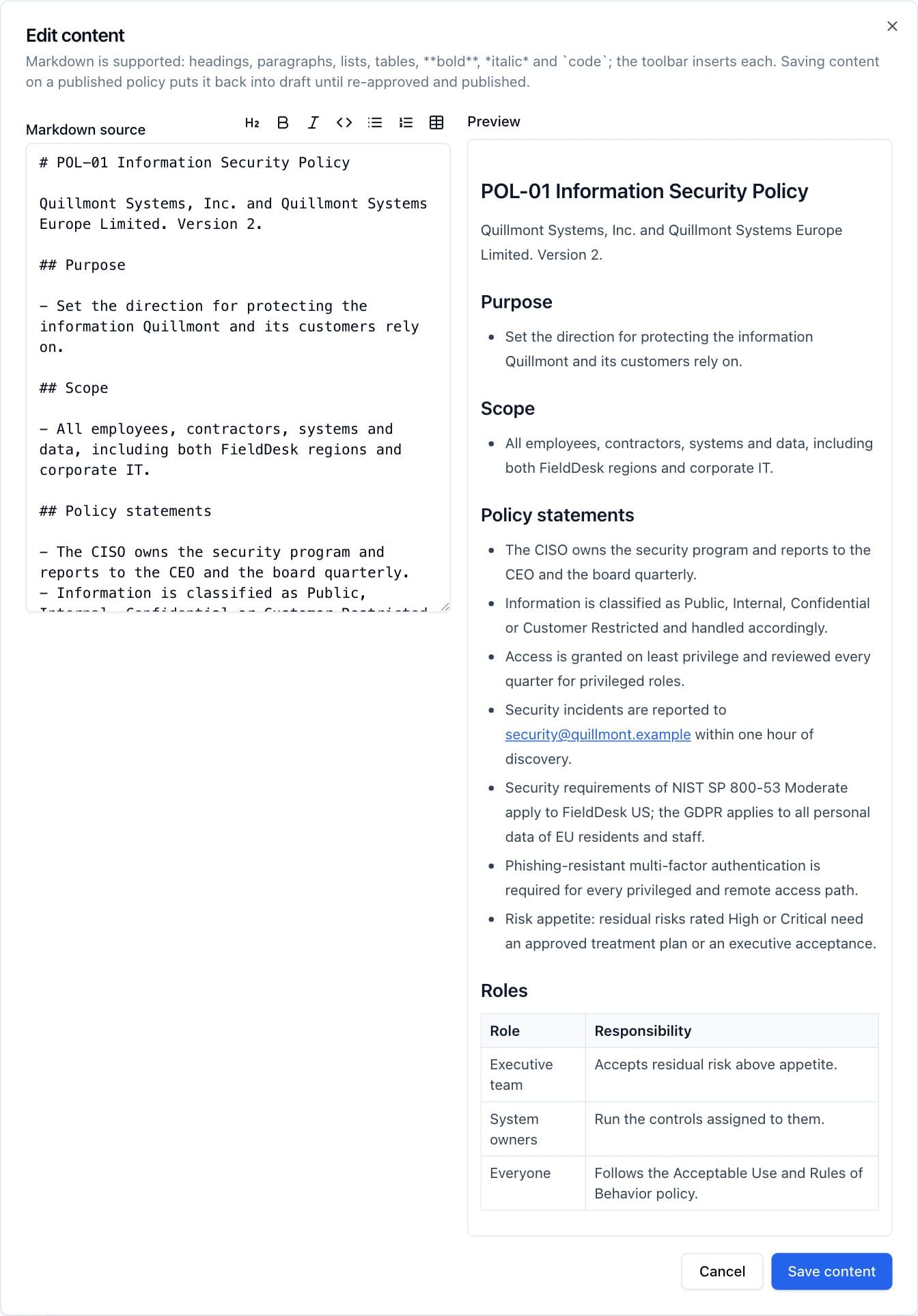 The content editor, with the Markdown source on the left and the live preview on the right.