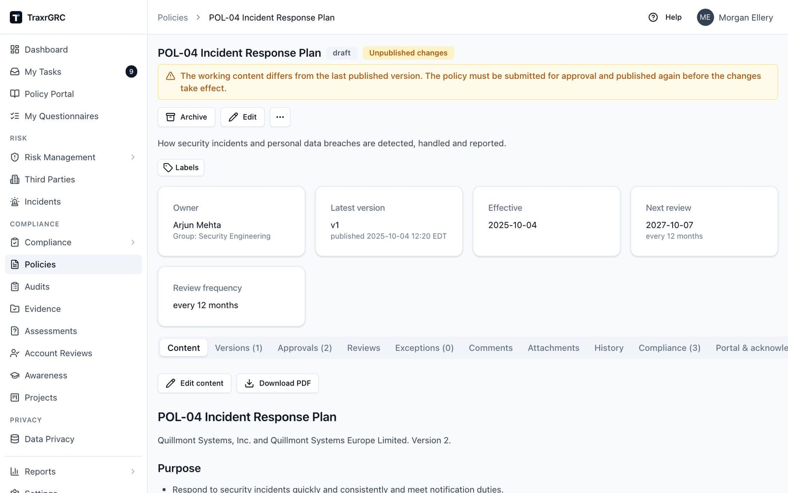 A policy with a published version and unpublished changes: the amber badge and banner, the summary cards and the Content tab.