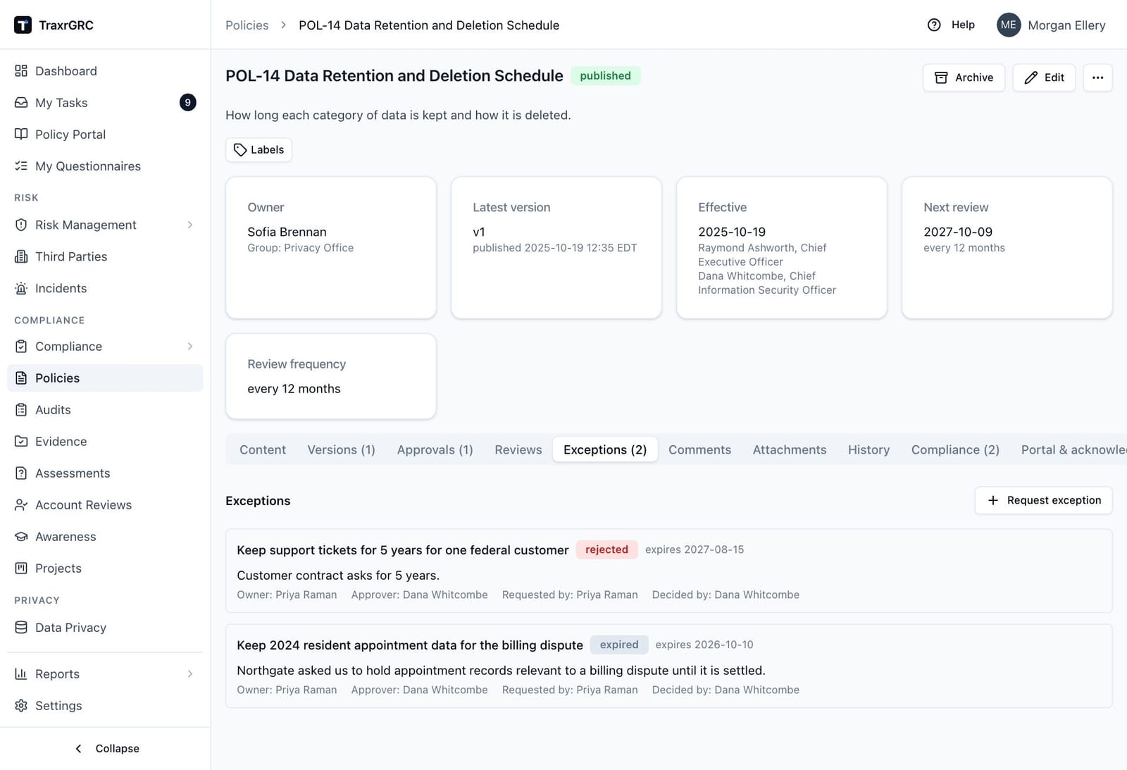 The Exceptions tab with an expired exception and a rejected one, each showing its owner, approver, requester and decider.