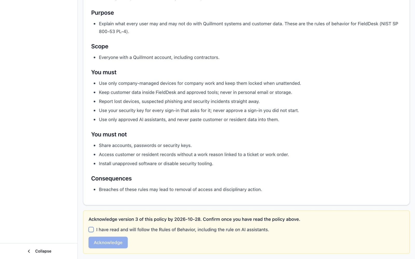 The acknowledgment panel below a policy's text on the portal: the due date, the attestation checkbox and the Acknowledge button.