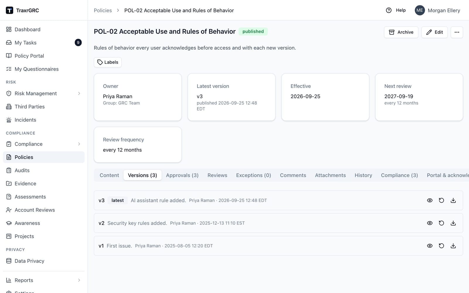 The Versions tab of a policy with three published versions, each with its change note and the view, restore and download buttons.