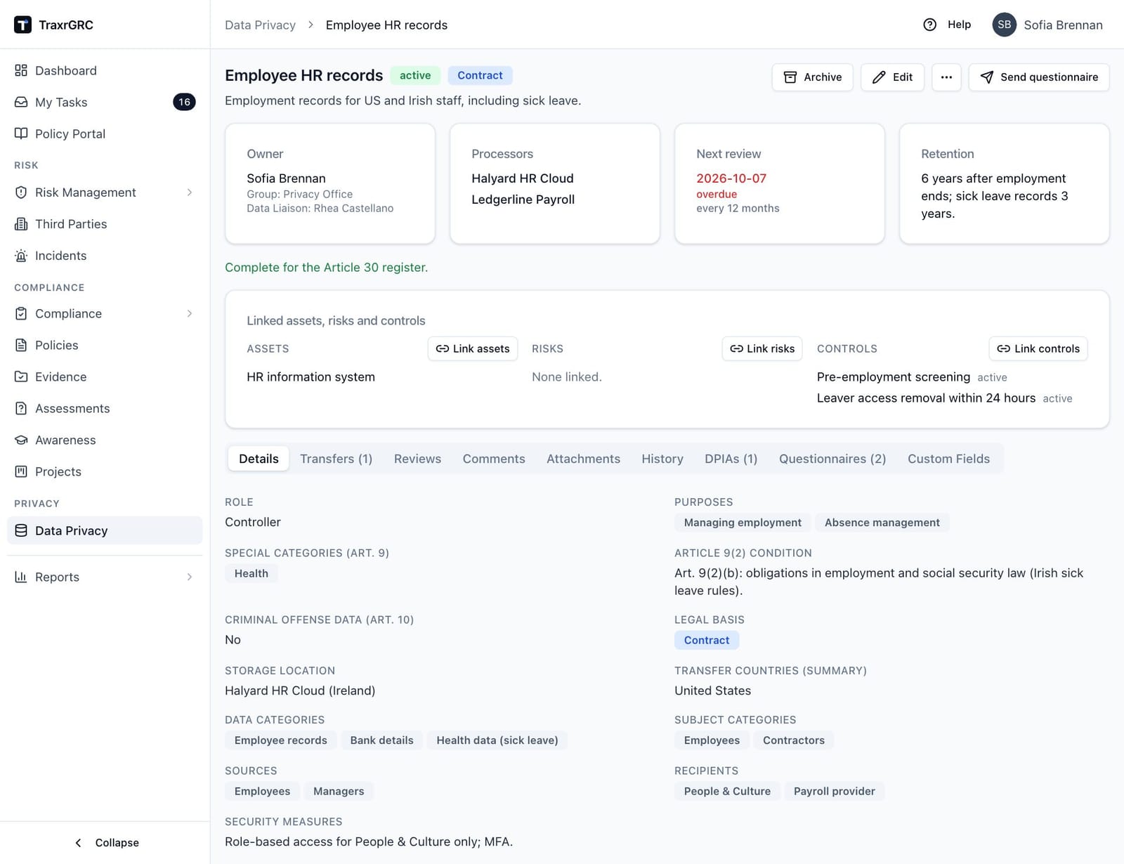 A record of processing with an overdue review, showing the header buttons, the summary cards, the Article 30 notice and the linked assets, risks and controls.