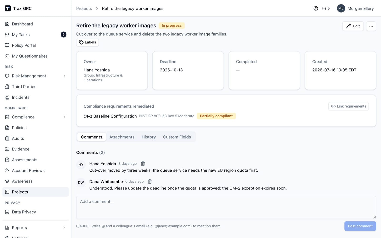 The Comments tab of an overdue project, with the owner and the CISO discussing a revised deadline.