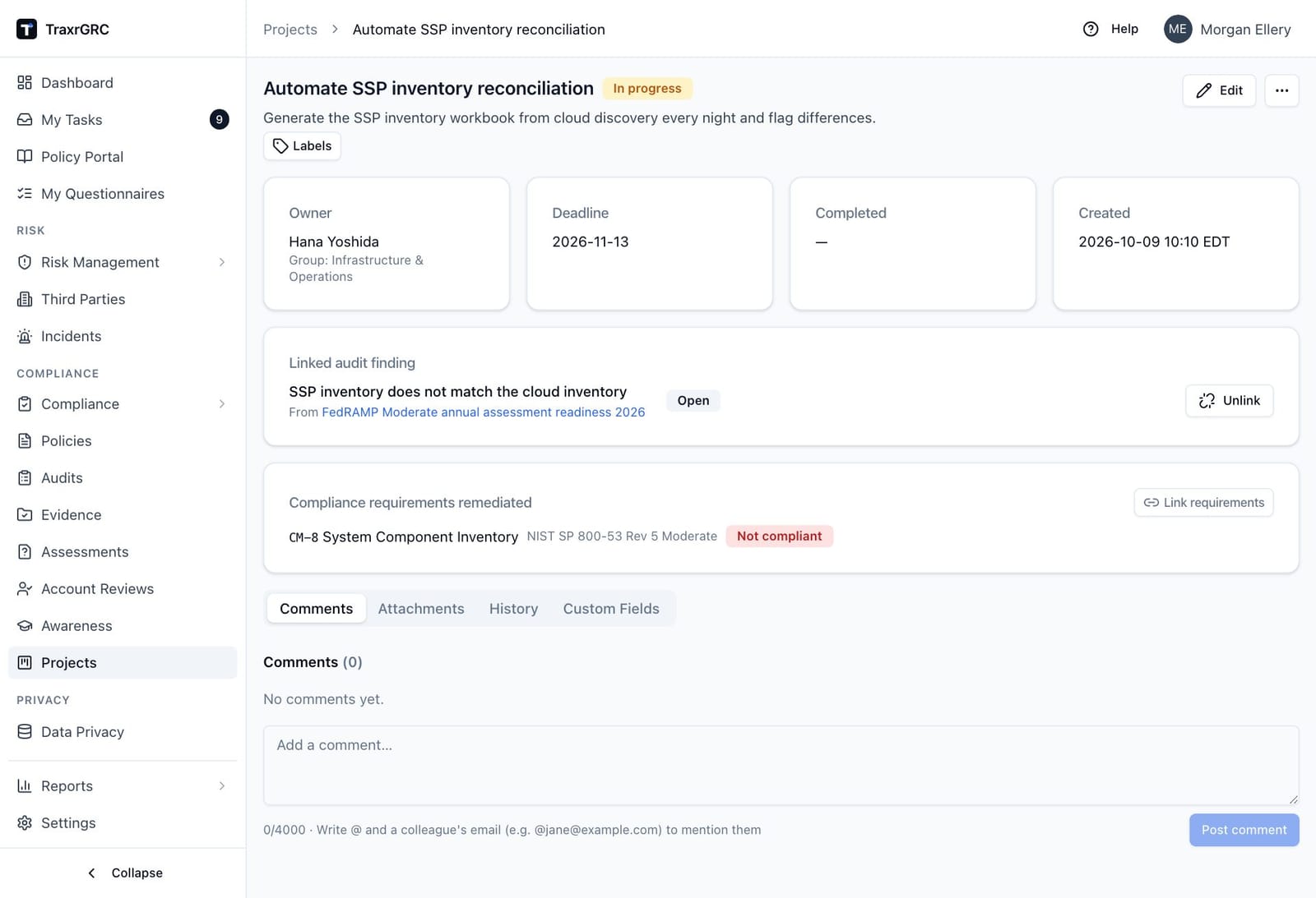 A remediation project linked to an audit finding and to the compliance requirement it closes, with the Owner, Deadline, Completed and Created cards.