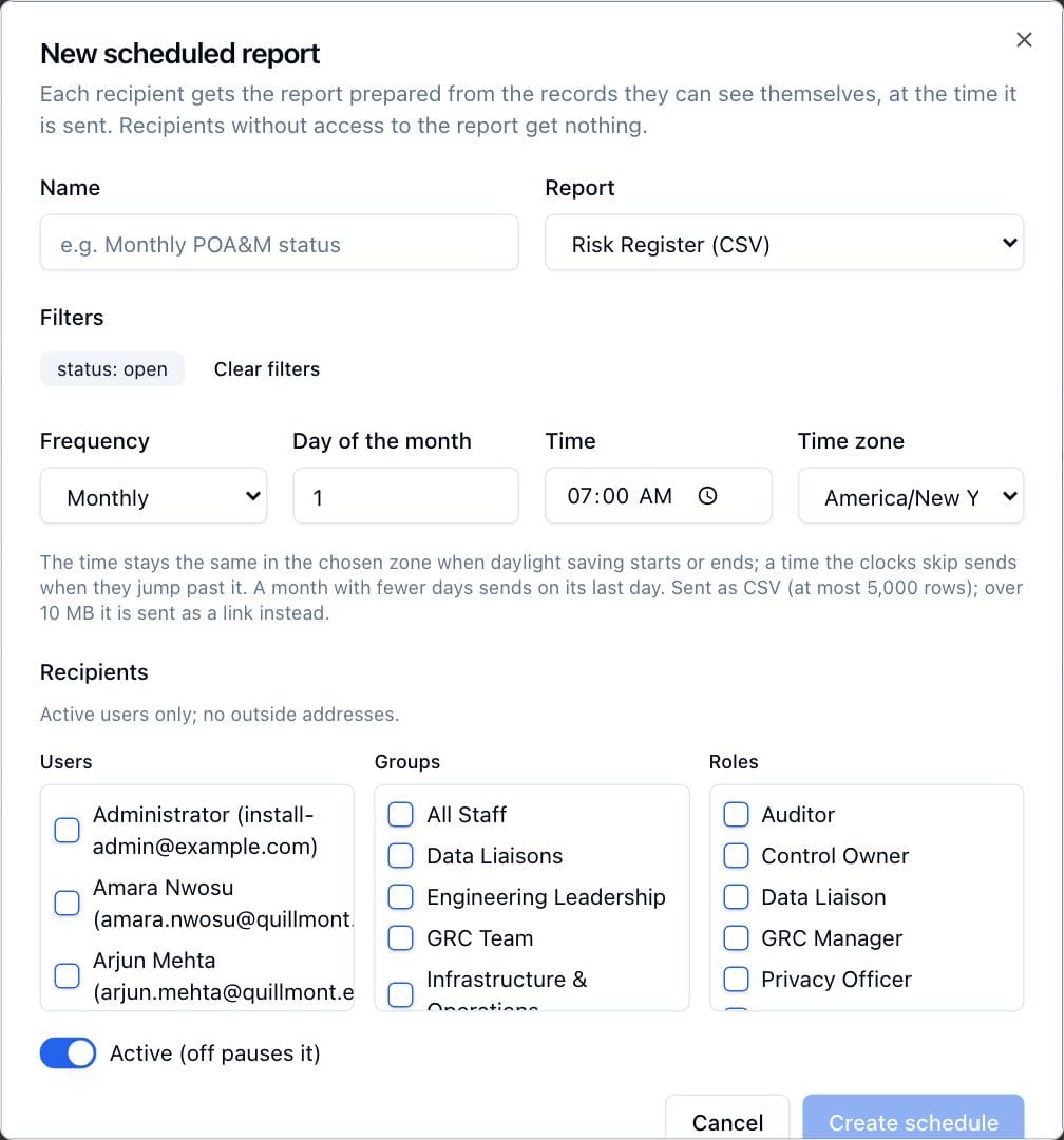 The schedule dialog opened from the Risk Register report's Schedule button, carrying the Status filter applied on the report.