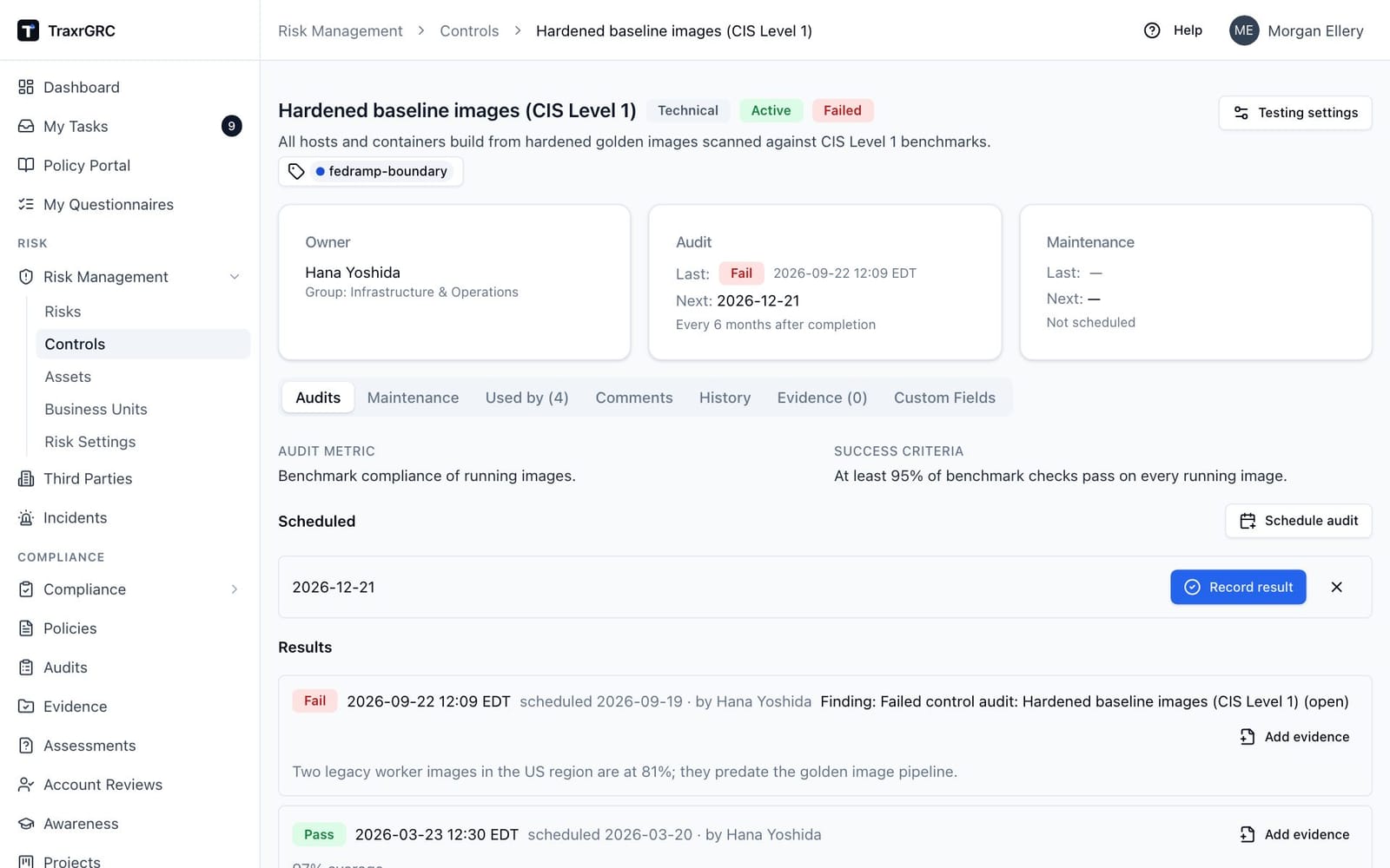 A control page with a failed audit, the audit metric and success criteria, and the finding raised from the failed result.