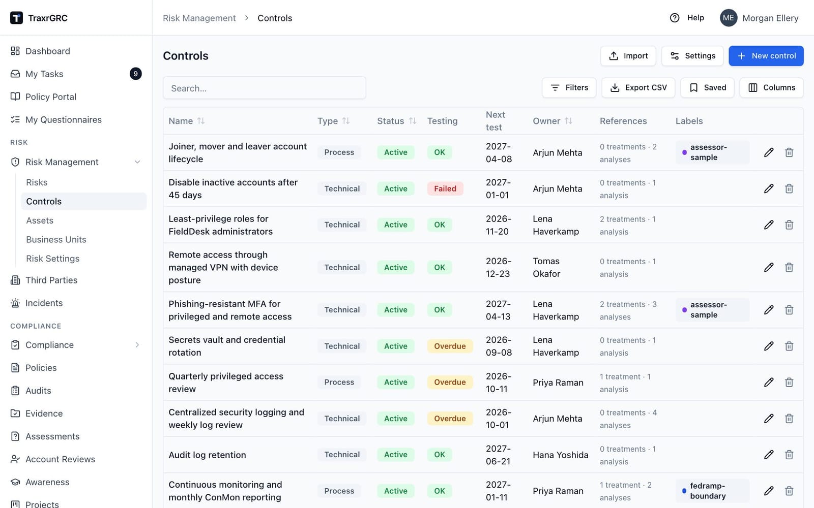 The control library with each control's type, status, testing status, next test date and references.