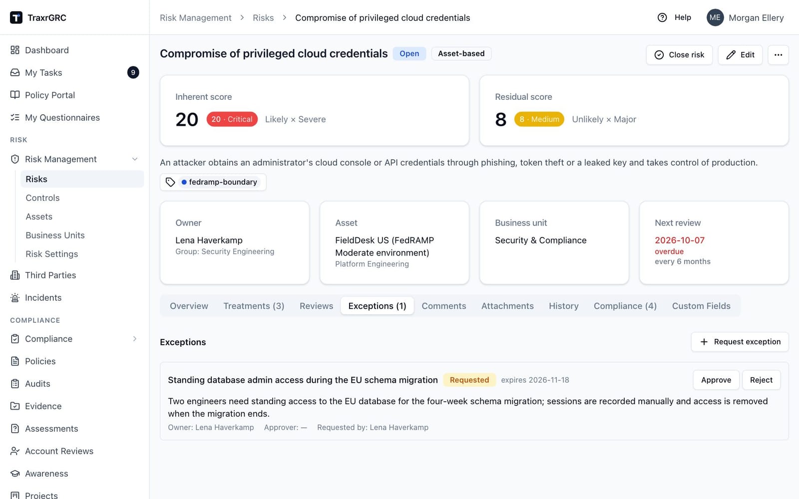 The Exceptions tab of a risk with a requested exception awaiting a decision, showing the Approve and Reject buttons.
