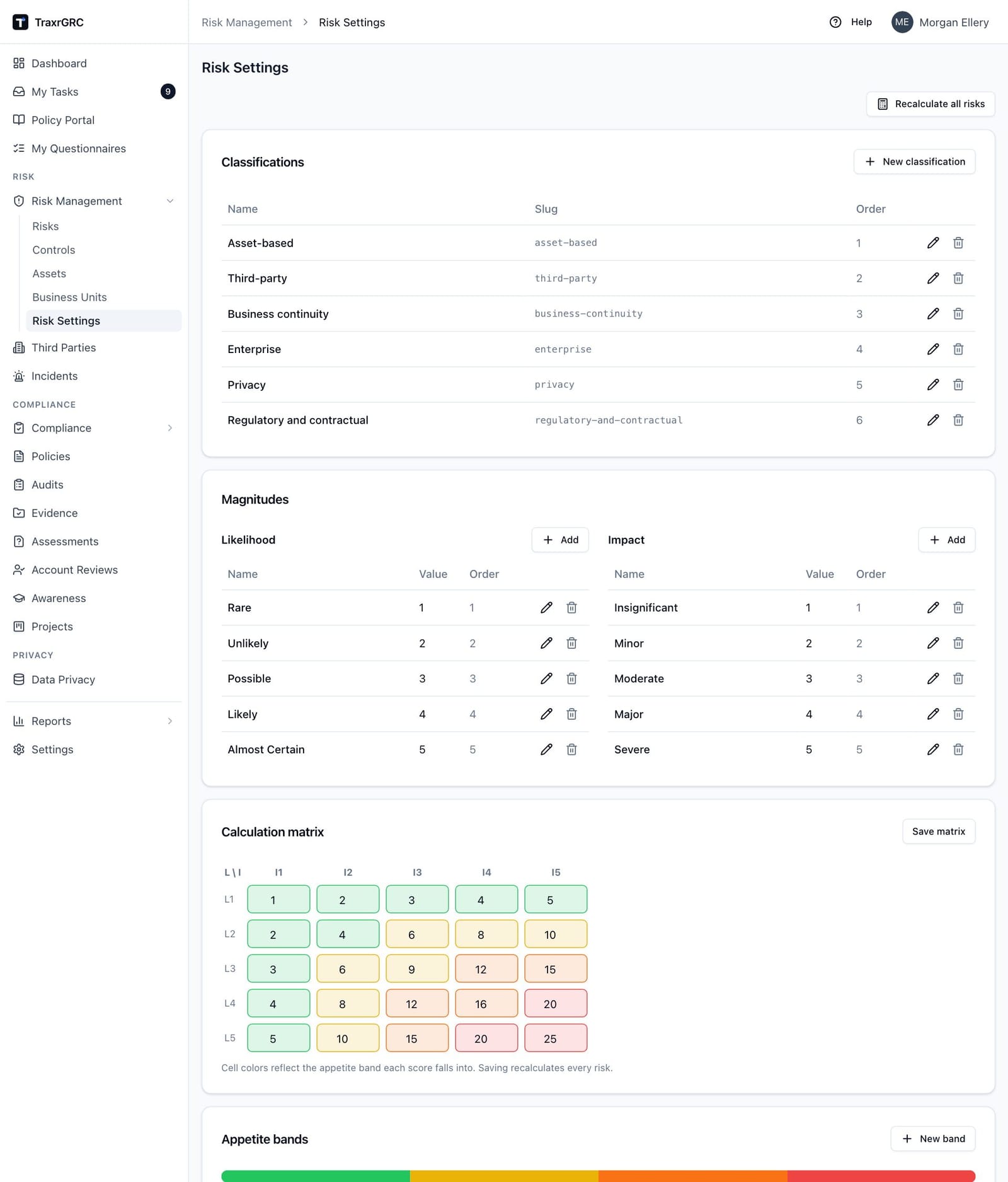 The Risk Settings screen with classifications, likelihood and impact magnitudes and the color-tinted calculation matrix, with the appetite bands below.