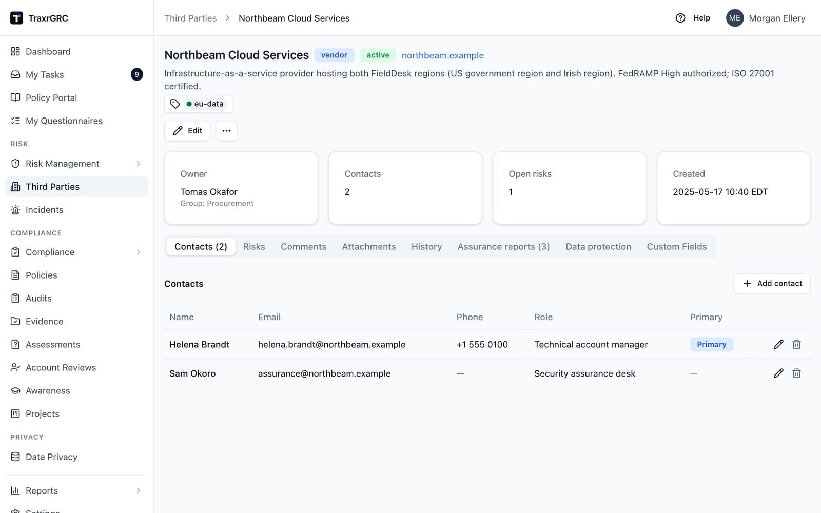 A vendor's detail page: the header with type and status badges and website, the summary cards, and the Contacts tab with the primary contact marked.