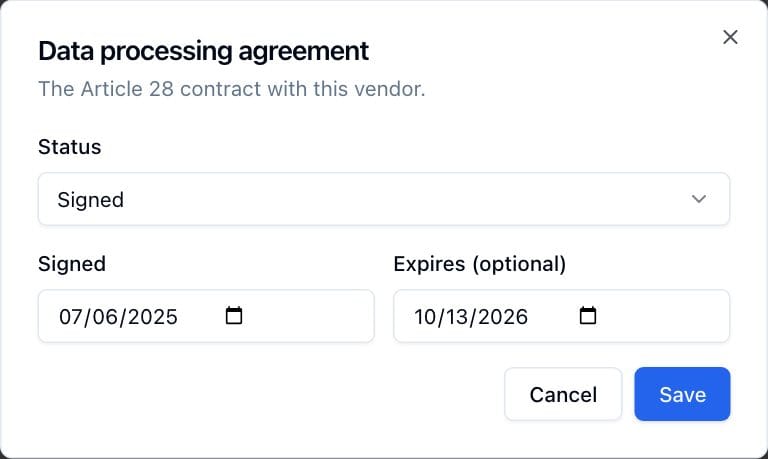 The Data processing agreement dialog, with the status, signed date and optional expiry date.